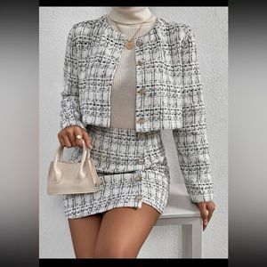 black and white tweed skirt set
